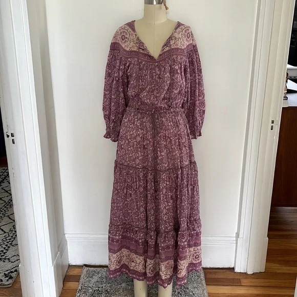 Spell Dahlia Tiered Midi Peasant Dress in Mulberry Pink/Purple Floral, Small EUC - Picture 5 of 16